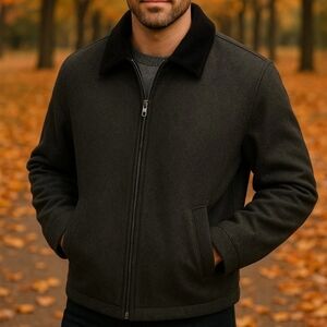 Men Dockers Charcoal Gray Wool Blend  Black Corduroy Collar Bomber Jacket Small